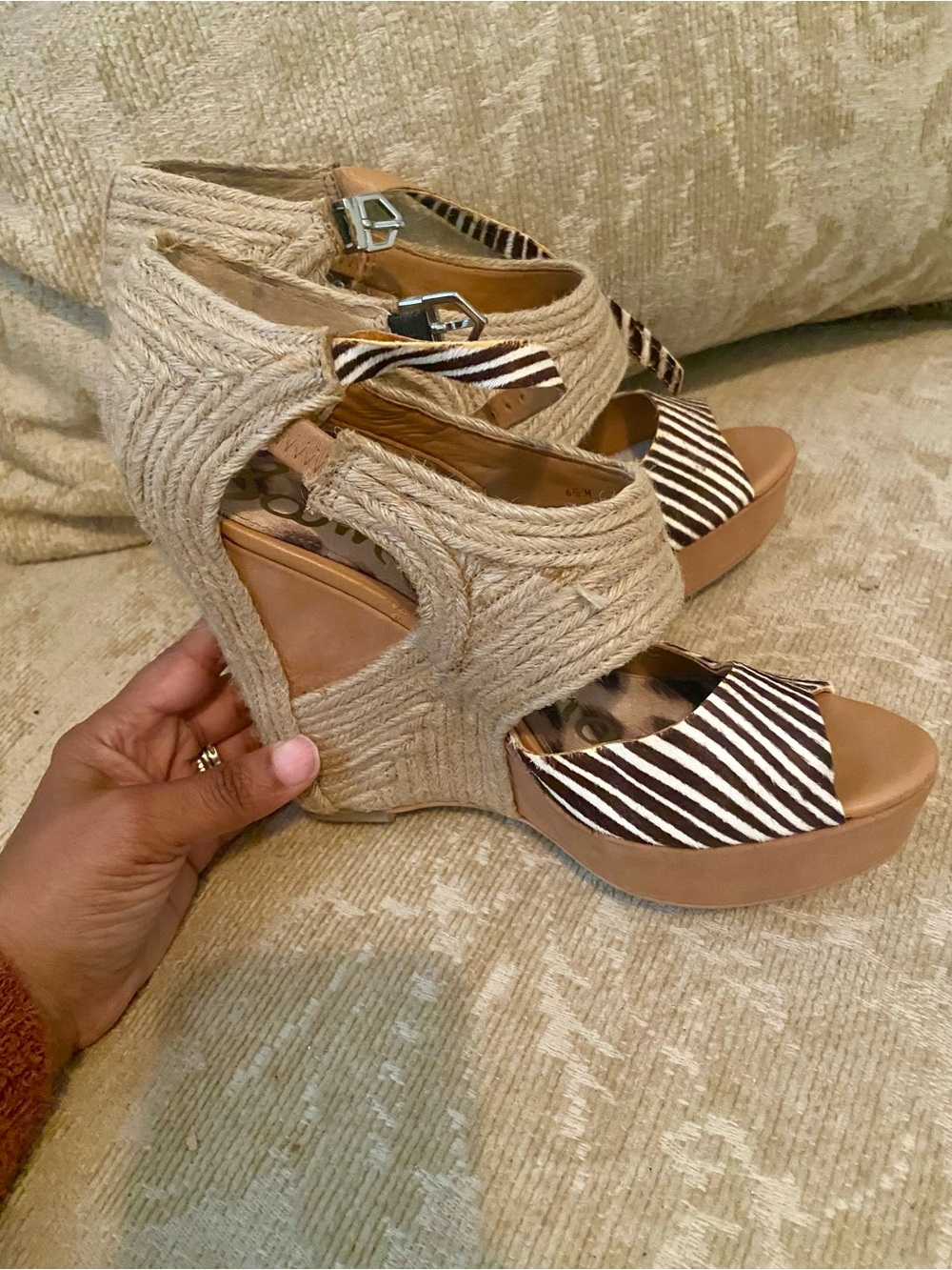 Sam Edelman Beige Wedge Sandals with Striped Toe - Women - Picture 4 of 7